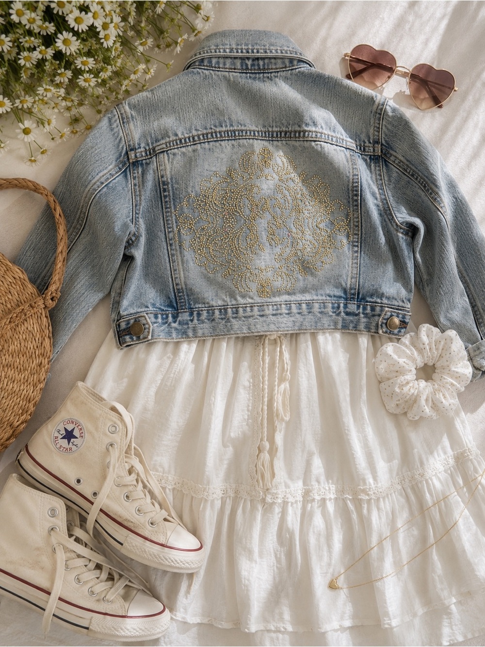 Vintage Y2K Old Skool Embroidered Denim Cropped Jacket Kids Large